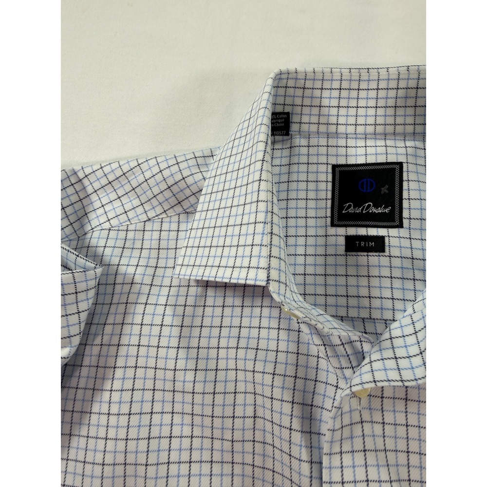 David Donahue Trim Fit Dress Shirt Mens 15.5 34/35 White Blue Black Check Cotton